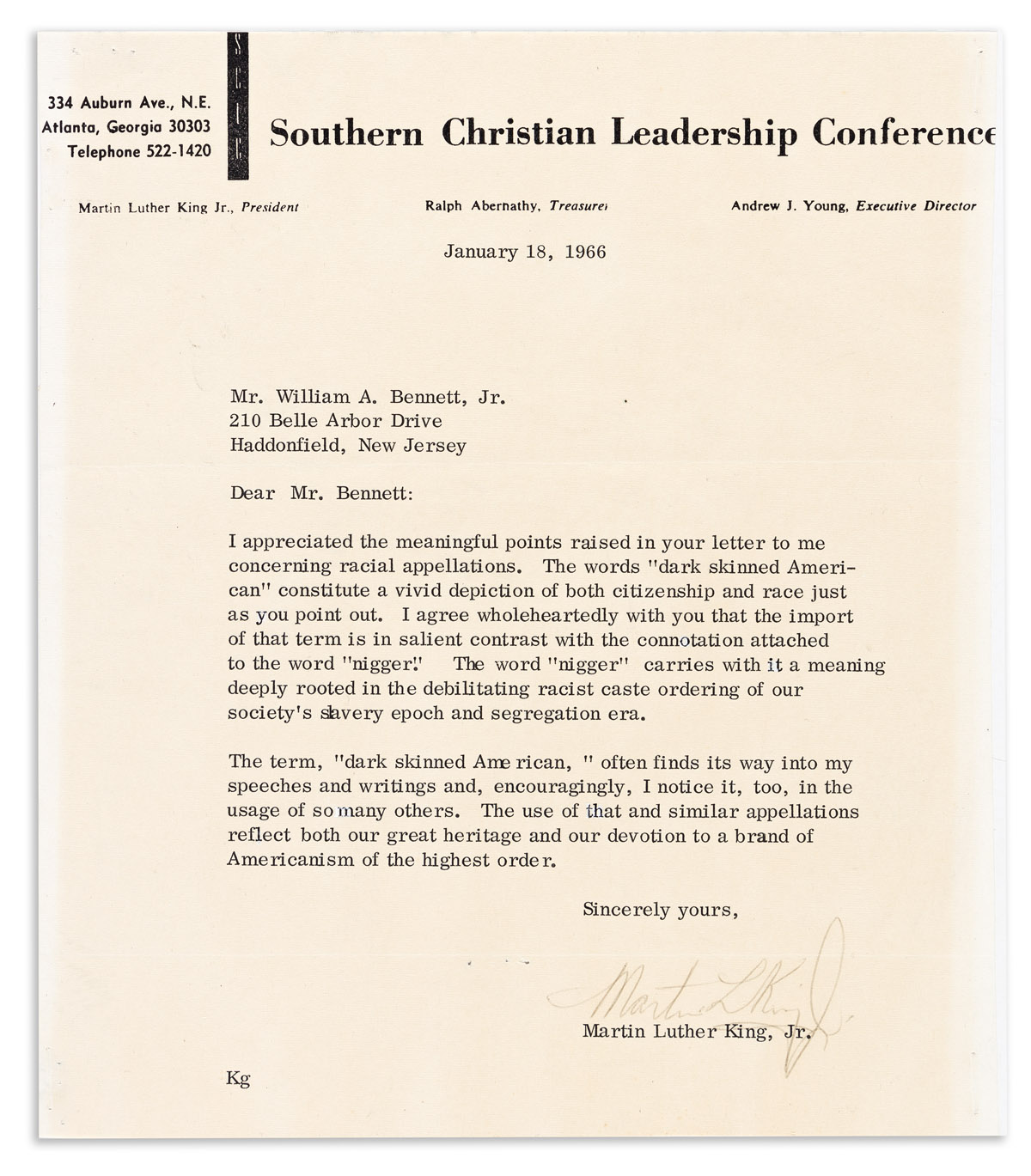 (CIVIL RIGHTS.) KING JR., MARTIN LUTHER. Typed Letter Signed, to William A. Bennett, Jr.,